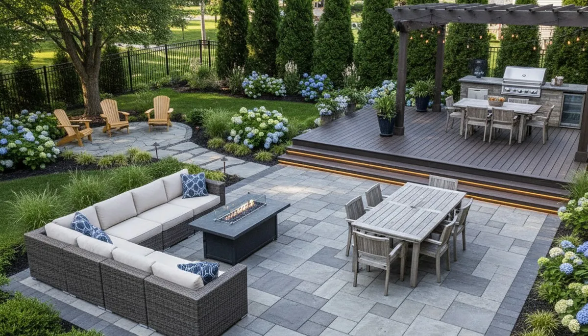 Backyard patio landscaping with lighting and plantings by Chop Chop Landscaping in Overland Park, KS