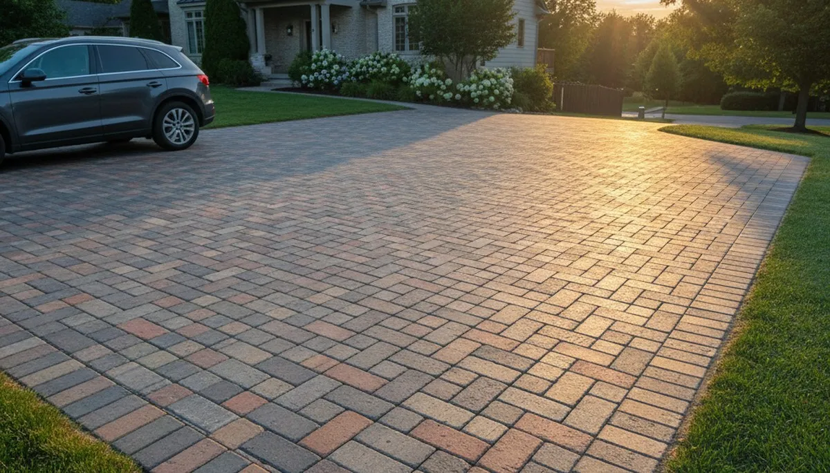 Completed interlocking paver driveway installation by Chop Chop Landscaping in Overland Park, KS