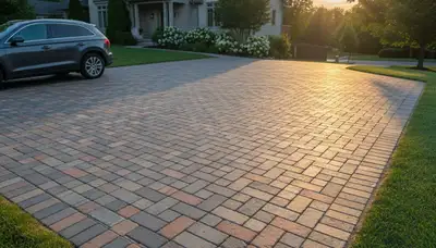 Completed interlocking paver driveway installation by Chop Chop Landscaping in Overland Park, KS