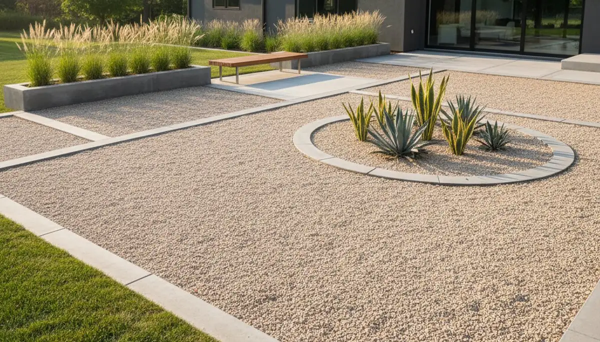Modern pea gravel landscape with clean lines and geometric plants in Overland Park, KS yard design