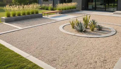 Modern pea gravel landscape with clean lines and geometric plants in Overland Park, KS yard design