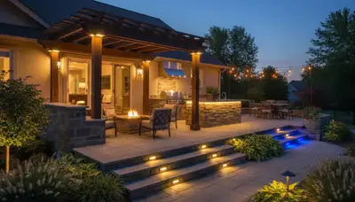 Evening deck and patio lighting installation in Overland Park, KS by Chop Chop Landscaping