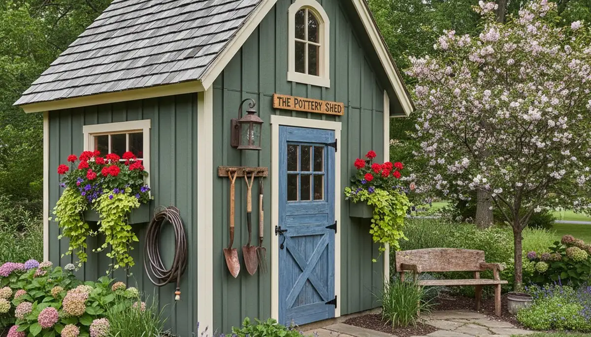 Decorative garden shed with integrated landscape design by Chop Chop Landscaping in Overland Park, KS