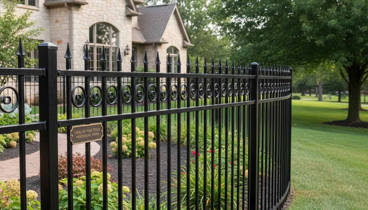 Ornamental black metal fence with decorative design by Chop Chop Landscaping in Overland Park, KS