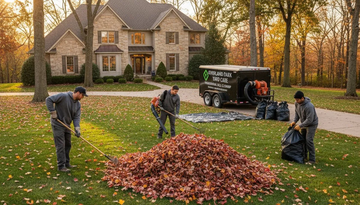 Landscapers raking and bagging fall leaves during yard clean up in Overland Park, KS