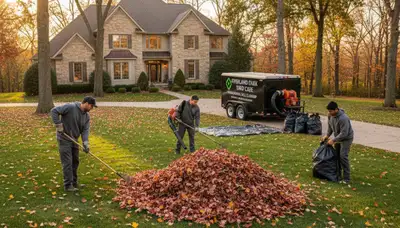 Landscapers raking and bagging fall leaves during yard clean up in Overland Park, KS