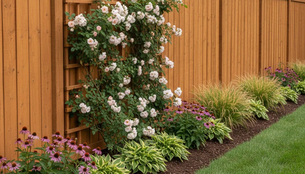 Decorative fence with climbing plants and garden beds by Chop Chop Landscaping in Overland Park, KS