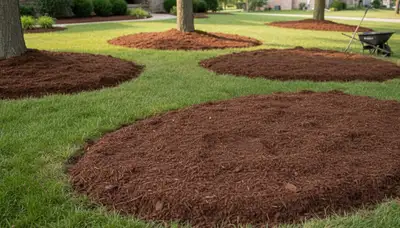 Fresh mulch installation with clean edges and even coverage by landscapers in Overland Park, KS