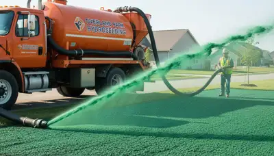 Hydroseeder truck spraying green slurry for lawn hydroseeding in Overland Park, KS landscaping service