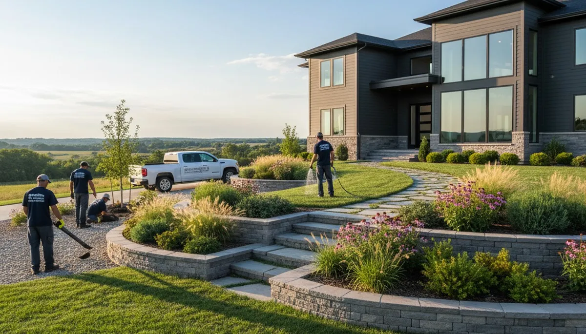 Landscaping crew providing lawn care and outdoor maintenance in Overland Park, KS