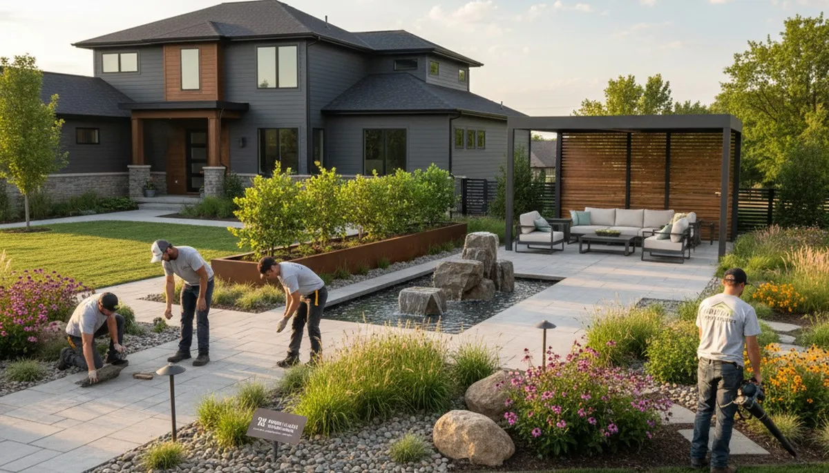 Landscaping crew providing lawn care and hardscaping services in Overland Park, KS