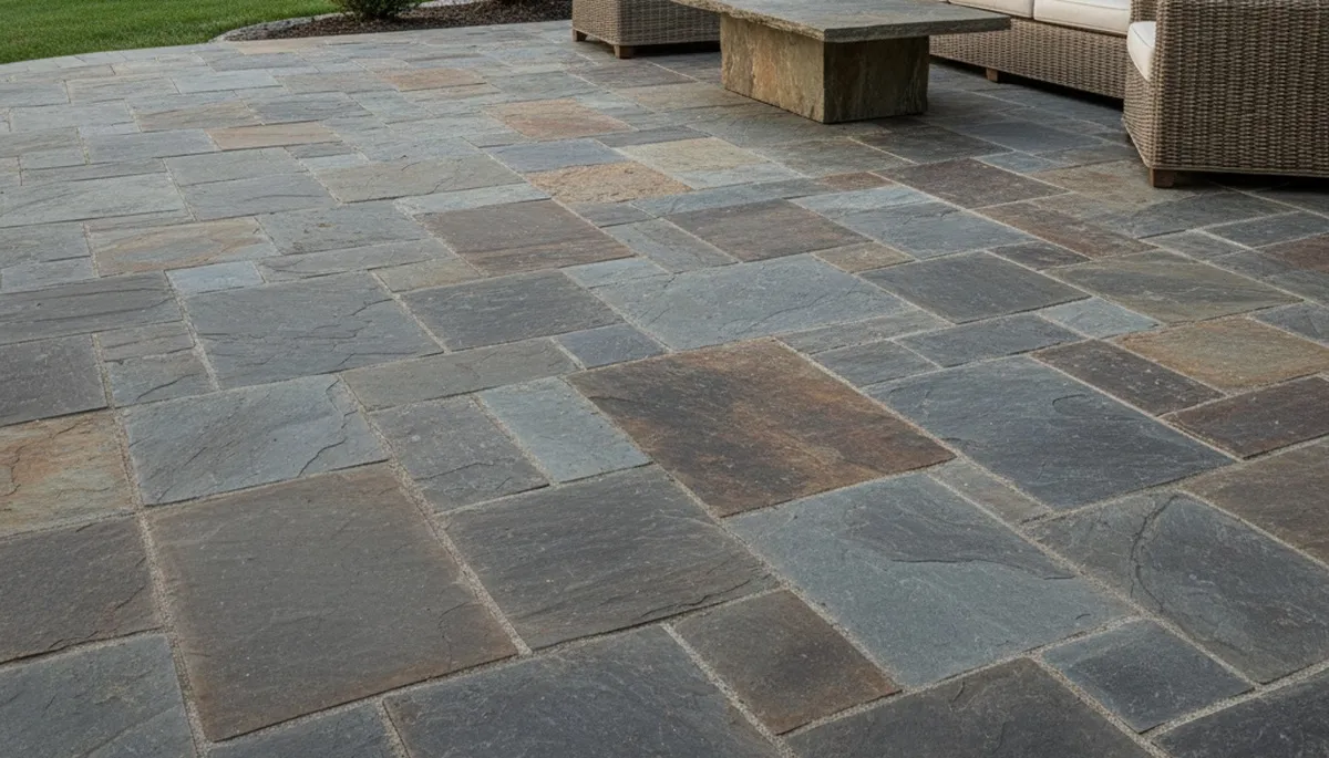 Flagstone patio with natural slate pavers installed by landscaping pros in Overland Park, KS
