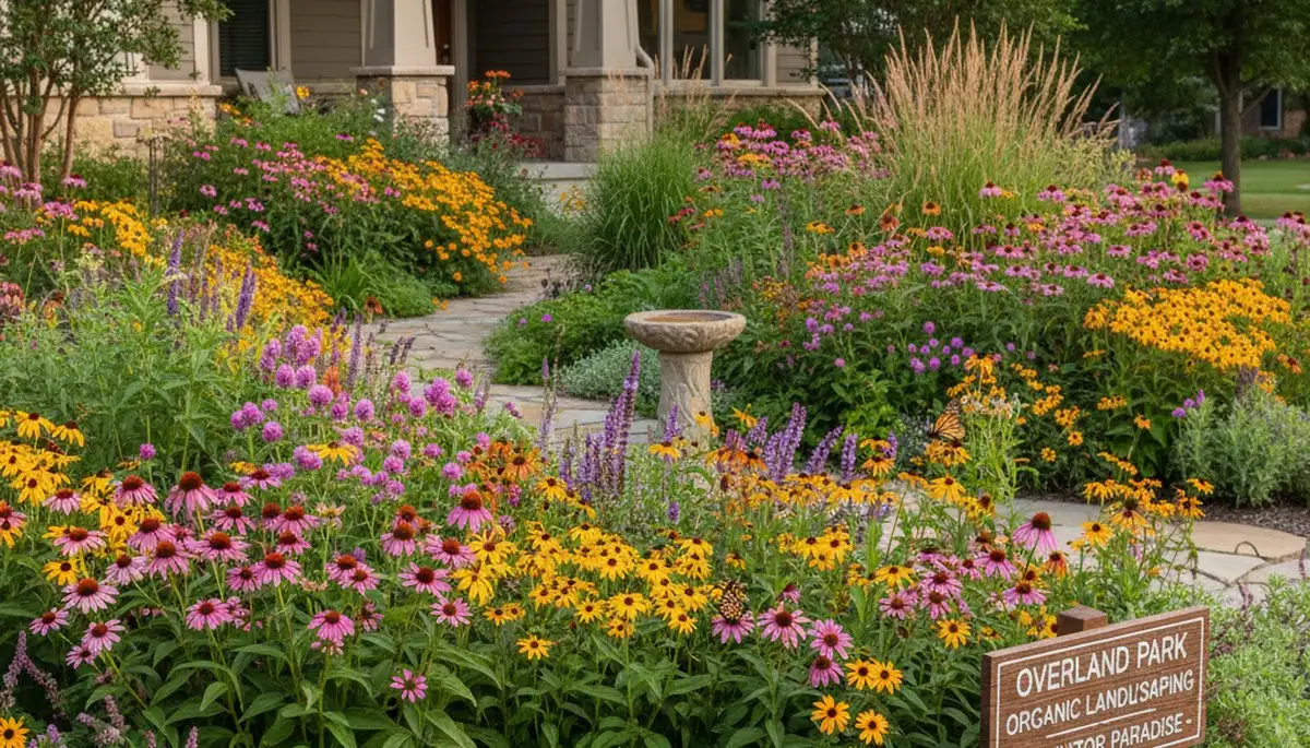 Pollinator-friendly native garden with bees and butterflies by organic landscapers in Overland Park, KS