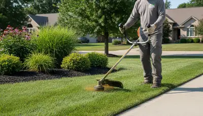 Technician edging lawn with string trimmer for precise yard maintenance in Overland Park, KS