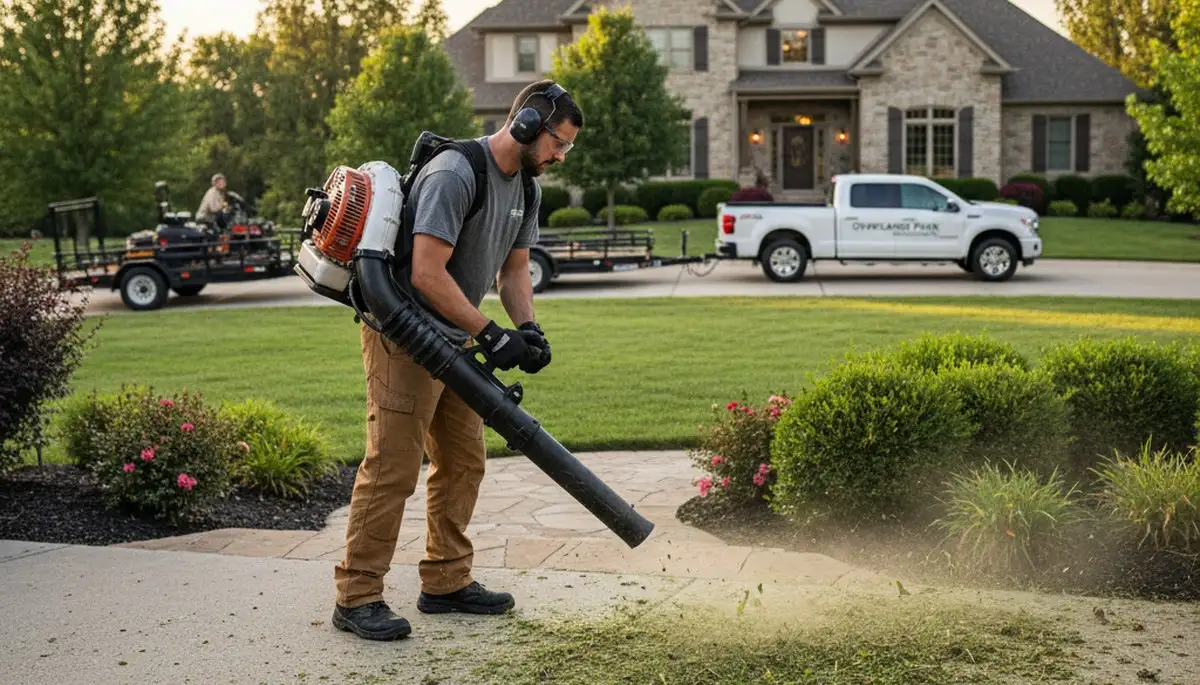 Lawn care pro blowing leaves and debris during cleanup service in Overland Park, KS landscaping maintenance