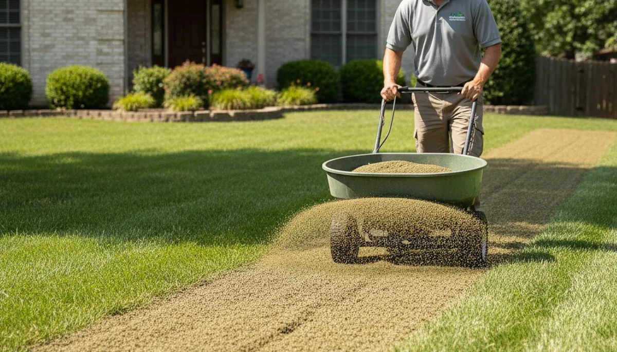 Lawn care technician applying fertilizer with spreader in Overland Park, KS residential yard