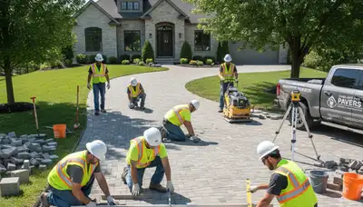 Crew installing driveway pavers in Overland Park KS with precise base prep and leveling by landscapers