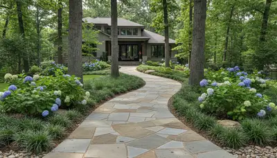 Professional stone paver walkway installation in Overland Park, KS with natural stone path landscaping design