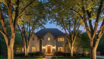 Professional tree uplighting at night by Chop Chop Landscaping in Overland Park, KS